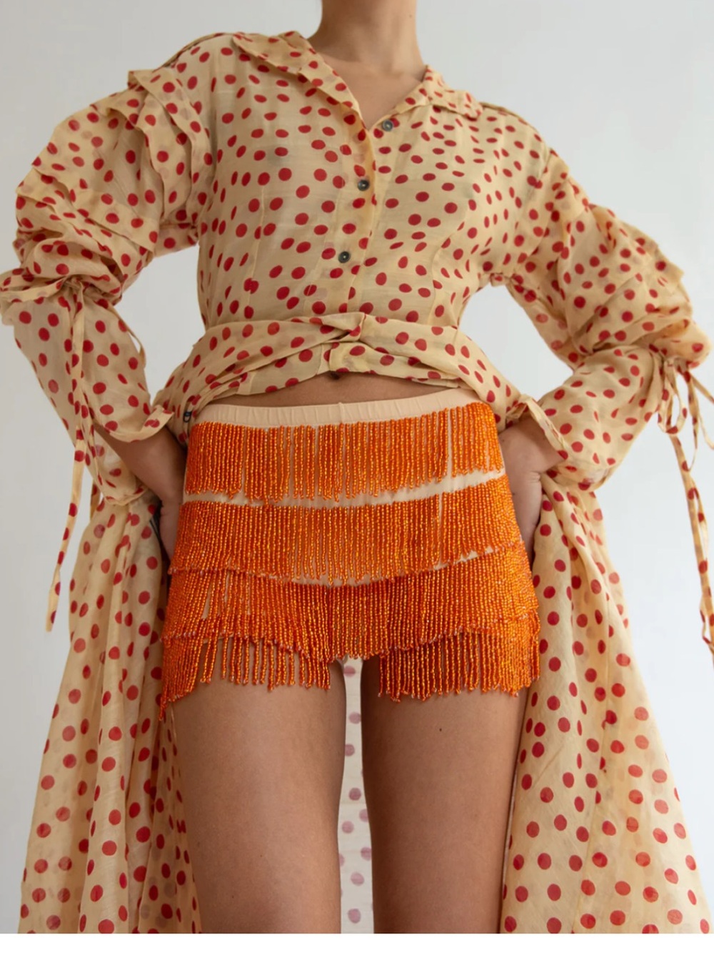 TIGRA TIGRA- BEADED FRINGE HOT SHORT, NUDE/ORANGE